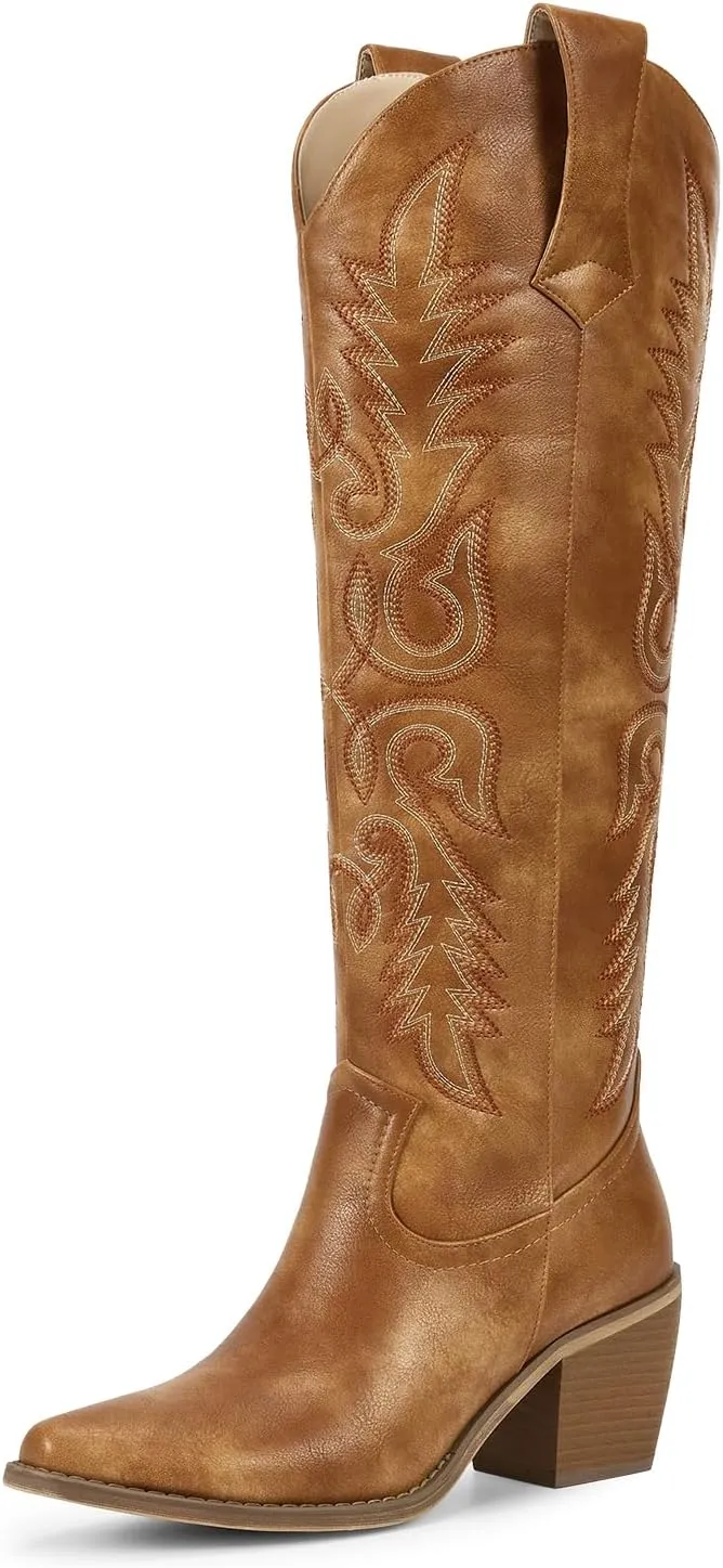 wetkiss Womens Cowboy Boots Side Zipper Ladies Cowgirl Knee High Boots,Comfortable Retro Tall Vintage Embroidery Pointed Toe Block Chunky Heel