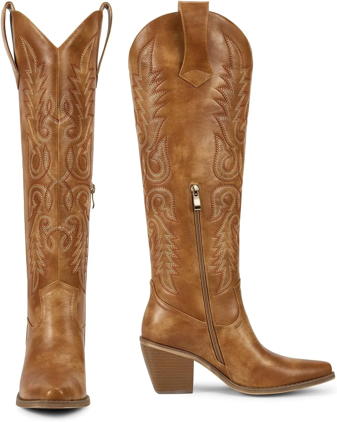 wetkiss Womens Cowboy Boots Side Zipper Ladies Cowgirl Knee High Boots,Comfortable Retro Tall Vintage Embroidery Pointed Toe Block Chunky Heel