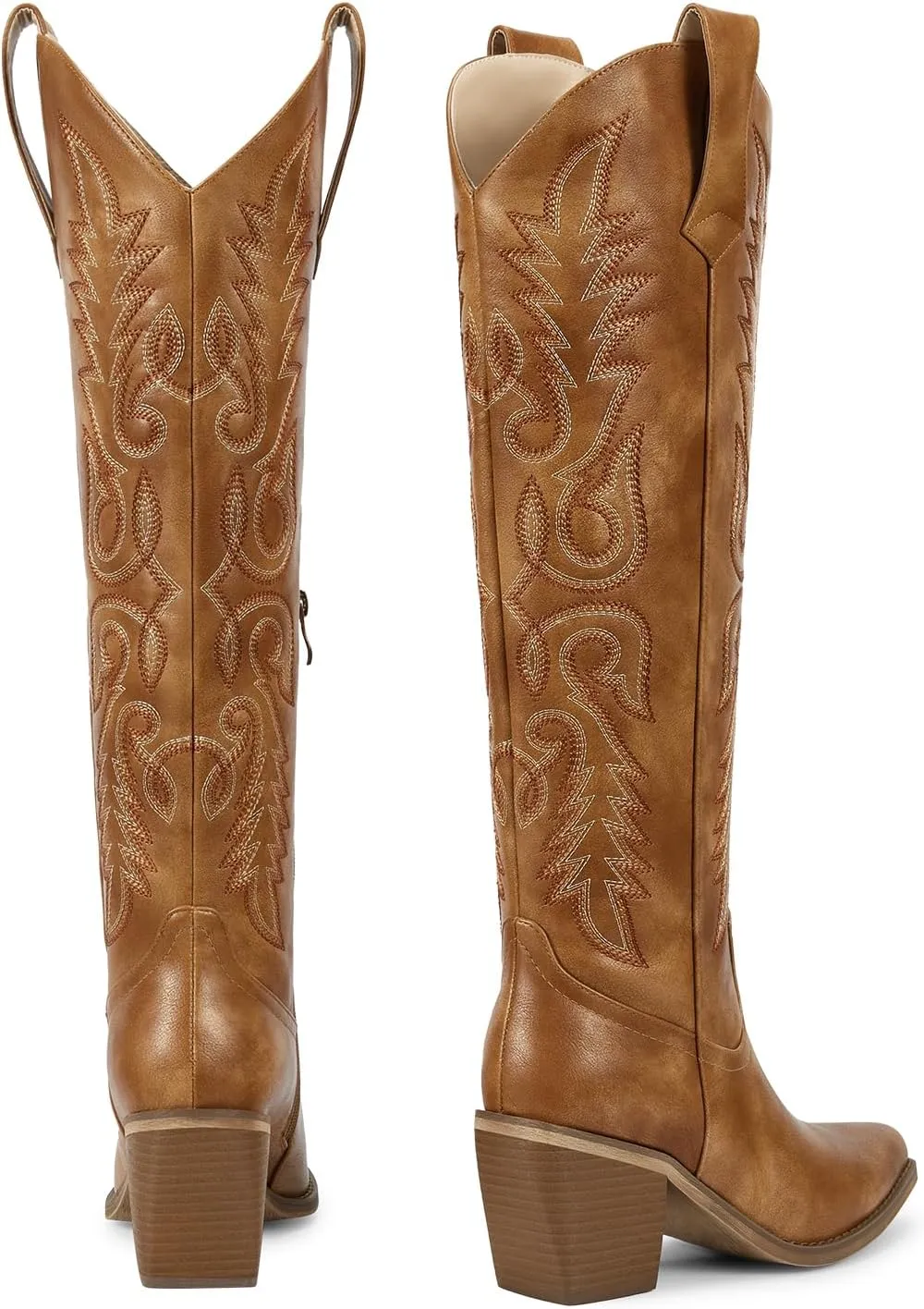 wetkiss Womens Cowboy Boots Side Zipper Ladies Cowgirl Knee High Boots,Comfortable Retro Tall Vintage Embroidery Pointed Toe Block Chunky Heel
