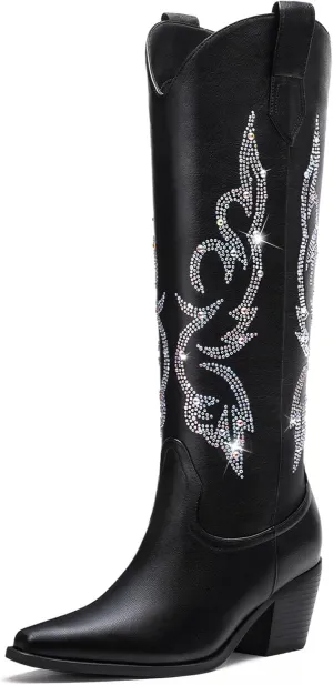 White Cowboy Boots for Women - Wide Calf Rhinestone Cowgirl Boots, Women Knee High Western Boots, Glitter Sparkly Ladies Tall Boots with Classic Embroidery and Side Zipper, Retro Classic Country Boots Pull On for Ladies