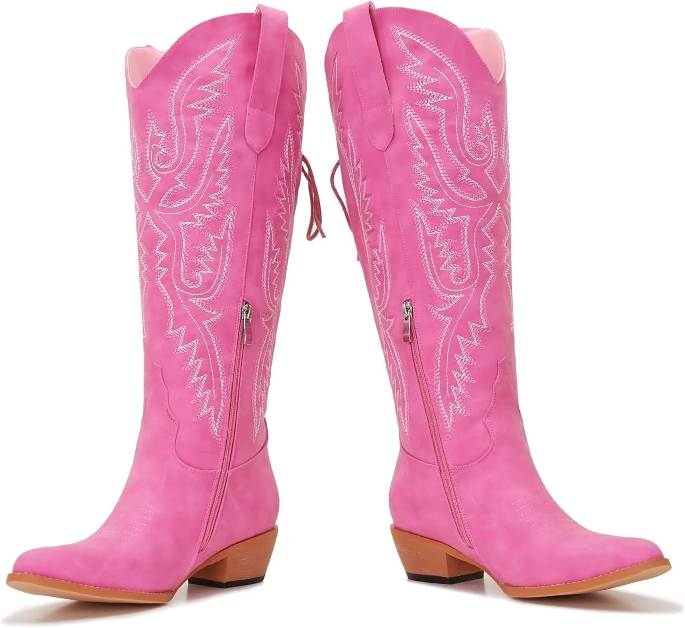 Wide Calf Cowboy Boots Women Adjustable Lace Up Knee High Tall Plus Size Cowgirl Boots Western Style Comfortable 2-Inch Heel