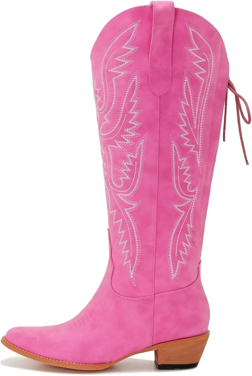 Wide Calf Cowboy Boots Women Adjustable Lace Up Knee High Tall Plus Size Cowgirl Boots Western Style Comfortable 2-Inch Heel