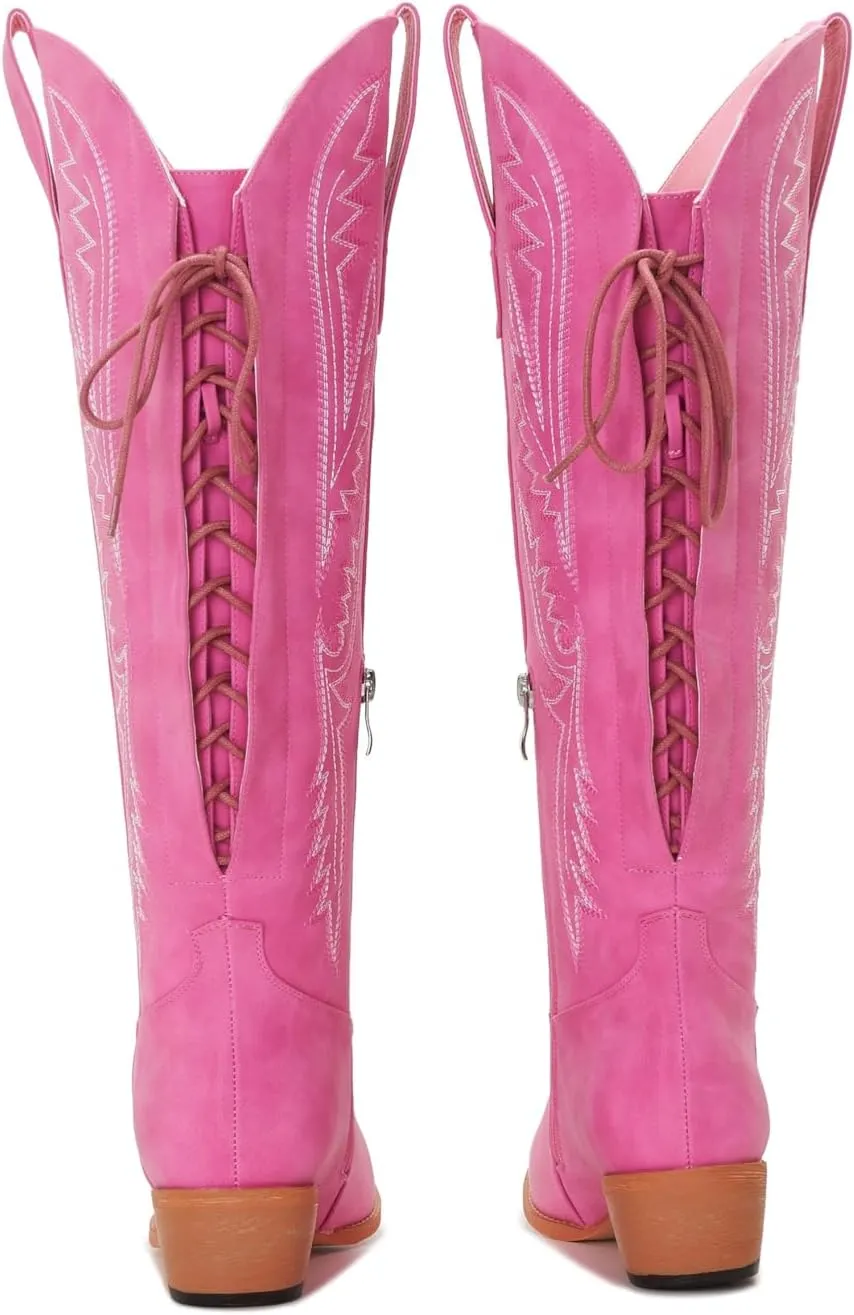Wide Calf Cowboy Boots Women Adjustable Lace Up Knee High Tall Plus Size Cowgirl Boots Western Style Comfortable 2-Inch Heel