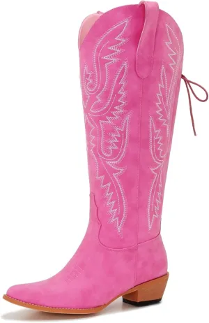 Wide Calf Cowboy Boots Women Adjustable Lace Up Knee High Tall Plus Size Cowgirl Boots Western Style Comfortable 2-Inch Heel
