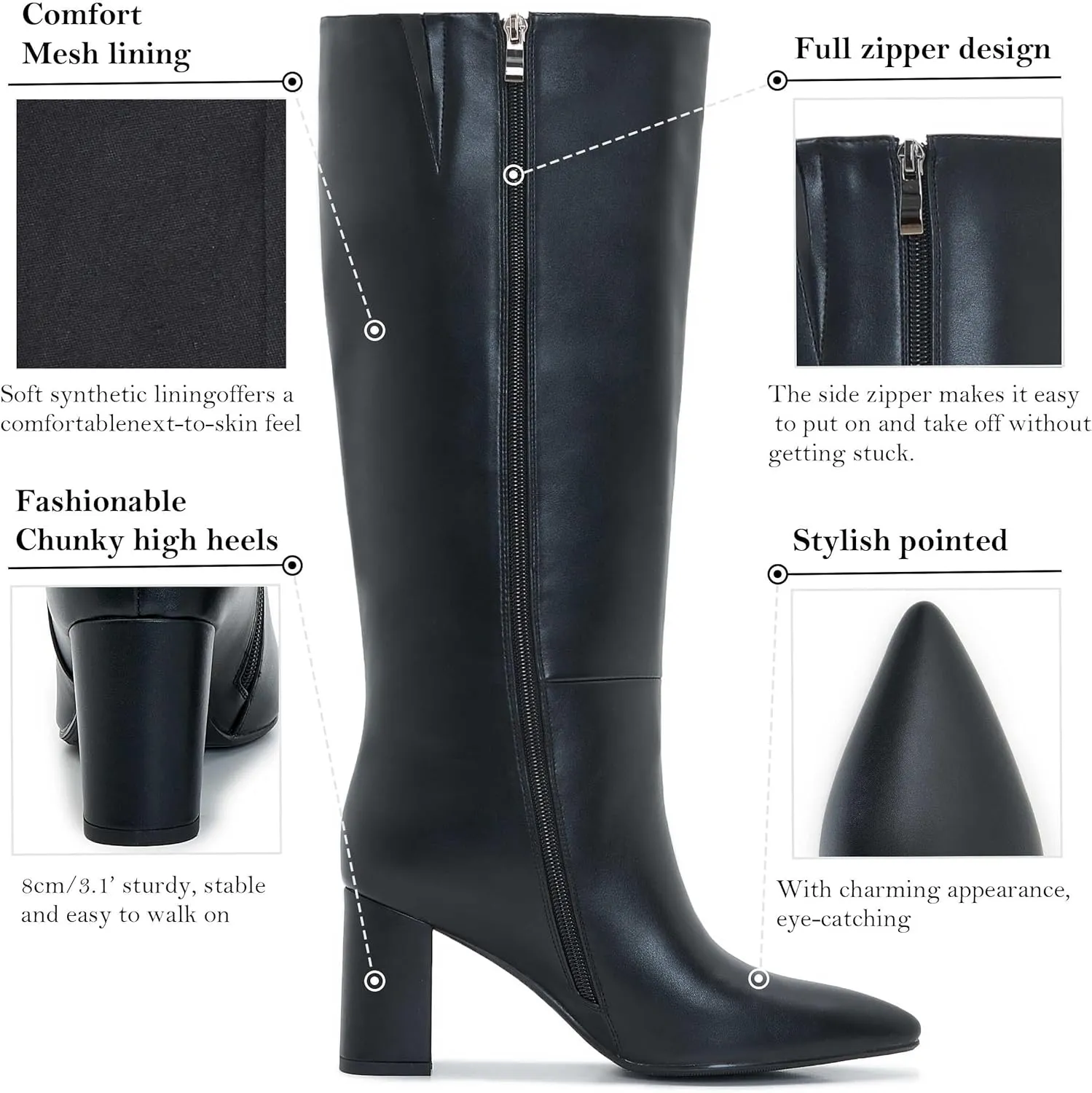 Wide Calf Knee High Boots For Women Plus Size Side Zipper Leather Chunky Heel Boots Heeled Pointed Toe Tall