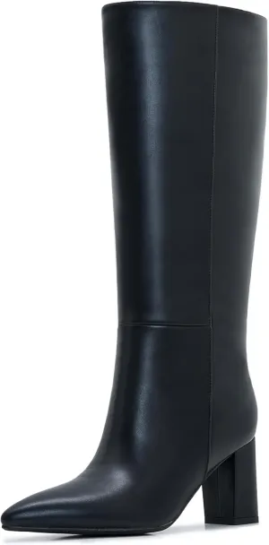 Wide Calf Knee High Boots For Women Plus Size Side Zipper Leather Chunky Heel Boots Heeled Pointed Toe Tall