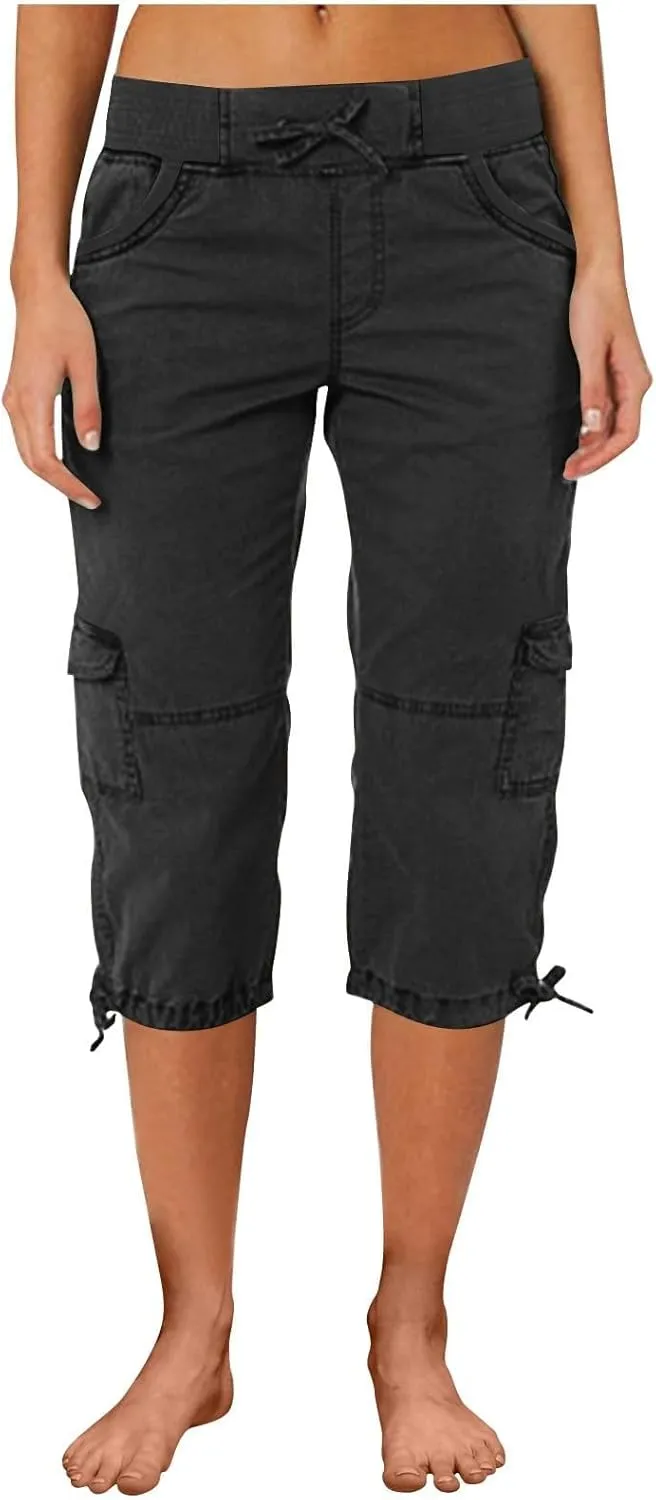 Women Cargo Capris Drawstring Elastic Waist Solid Capri Pants Multi-Pockets Hiking Travel Outdoor Trousers