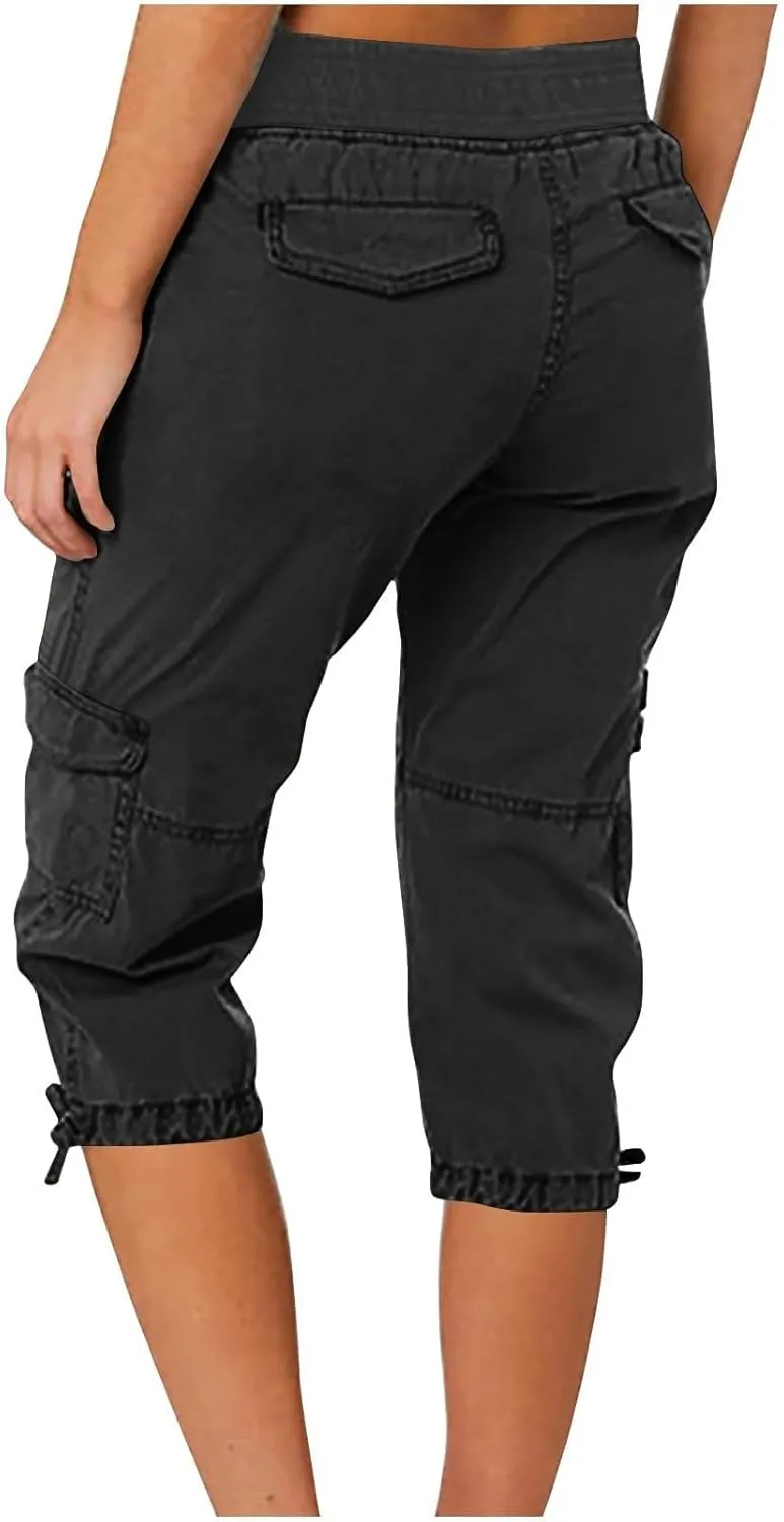 Women Cargo Capris Drawstring Elastic Waist Solid Capri Pants Multi-Pockets Hiking Travel Outdoor Trousers
