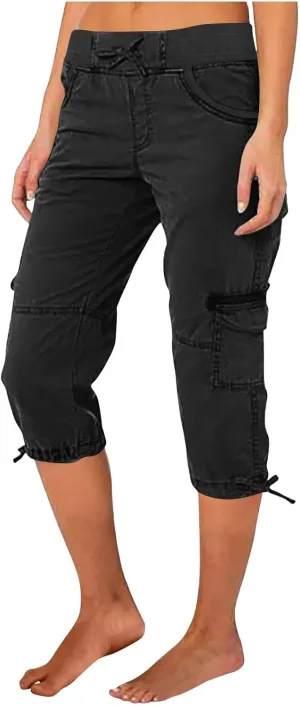 Women Cargo Capris Drawstring Elastic Waist Solid Capri Pants Multi-Pockets Hiking Travel Outdoor Trousers