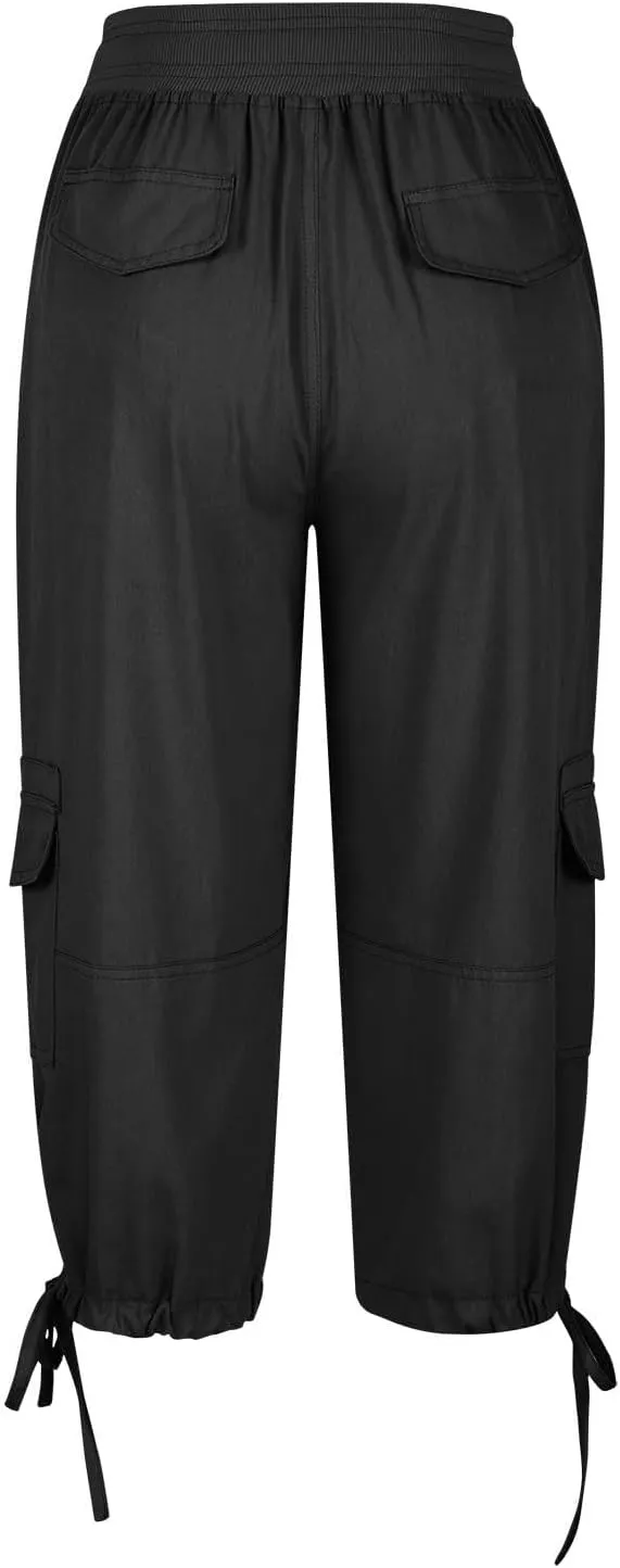Women Cargo Capris Drawstring Elastic Waist Solid Capri Pants Multi-Pockets Hiking Travel Outdoor Trousers