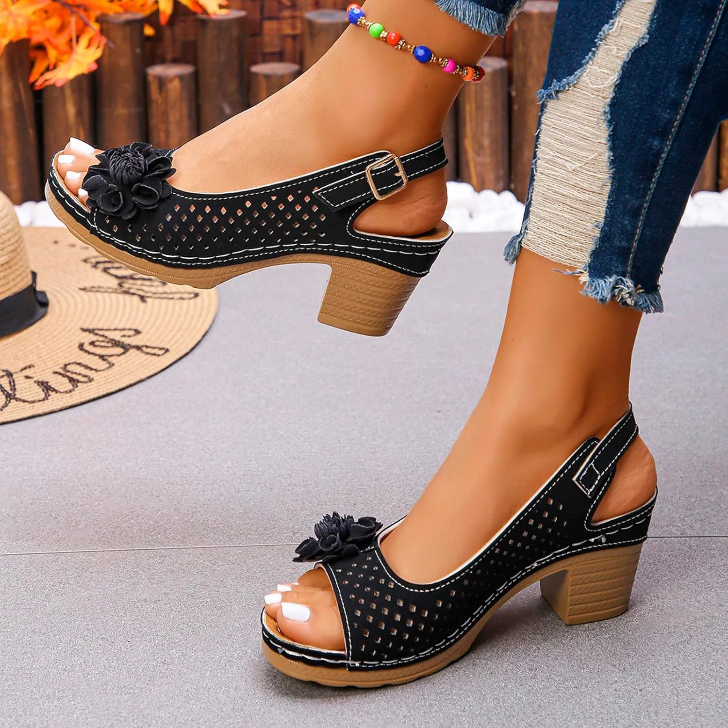 Women Comfy Casual Shoe Open Toe Hollow Flower Wedge Heel Slippers Sandals Flip Flops Women 8 Sandals