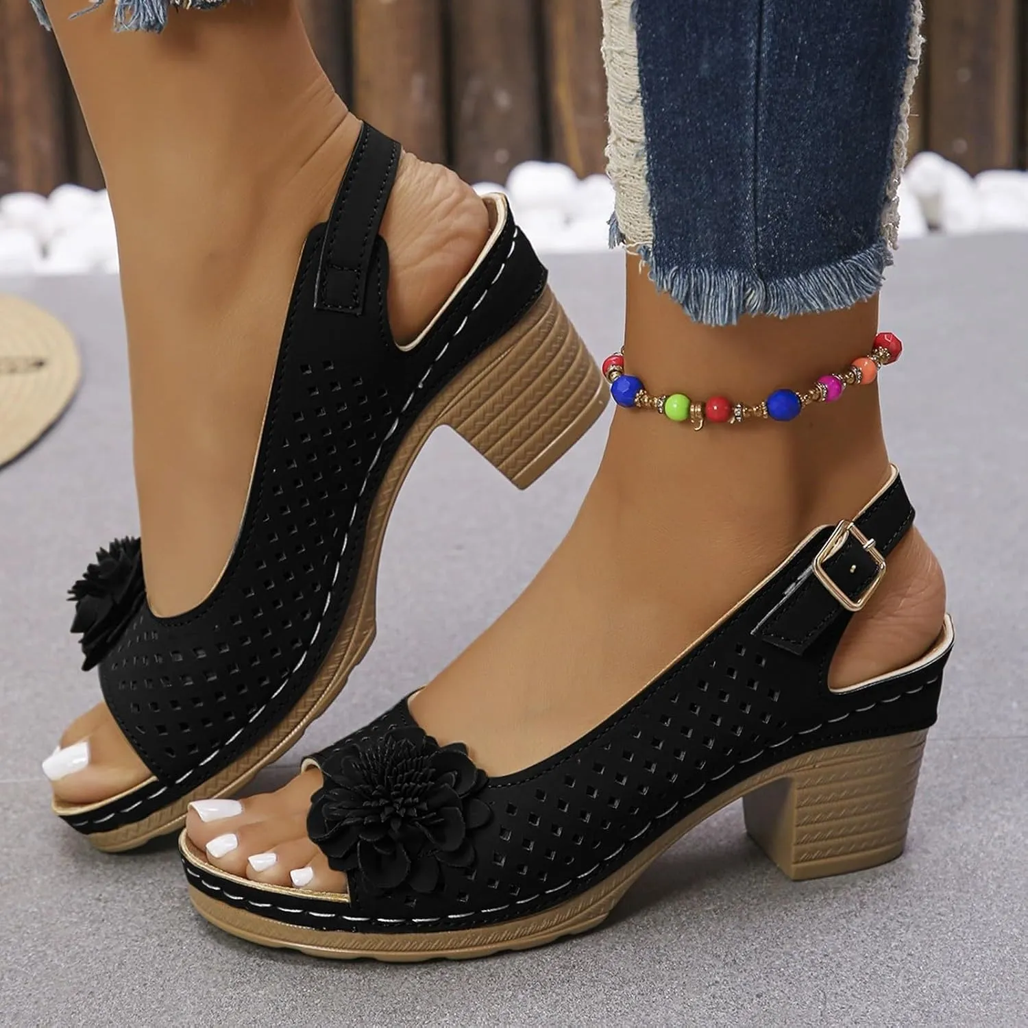 Women Comfy Casual Shoe Open Toe Hollow Flower Wedge Heel Slippers Sandals Flip Flops Women 8 Sandals