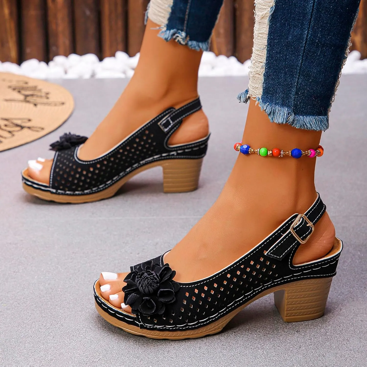 Women Comfy Casual Shoe Open Toe Hollow Flower Wedge Heel Slippers Sandals Flip Flops Women 8 Sandals