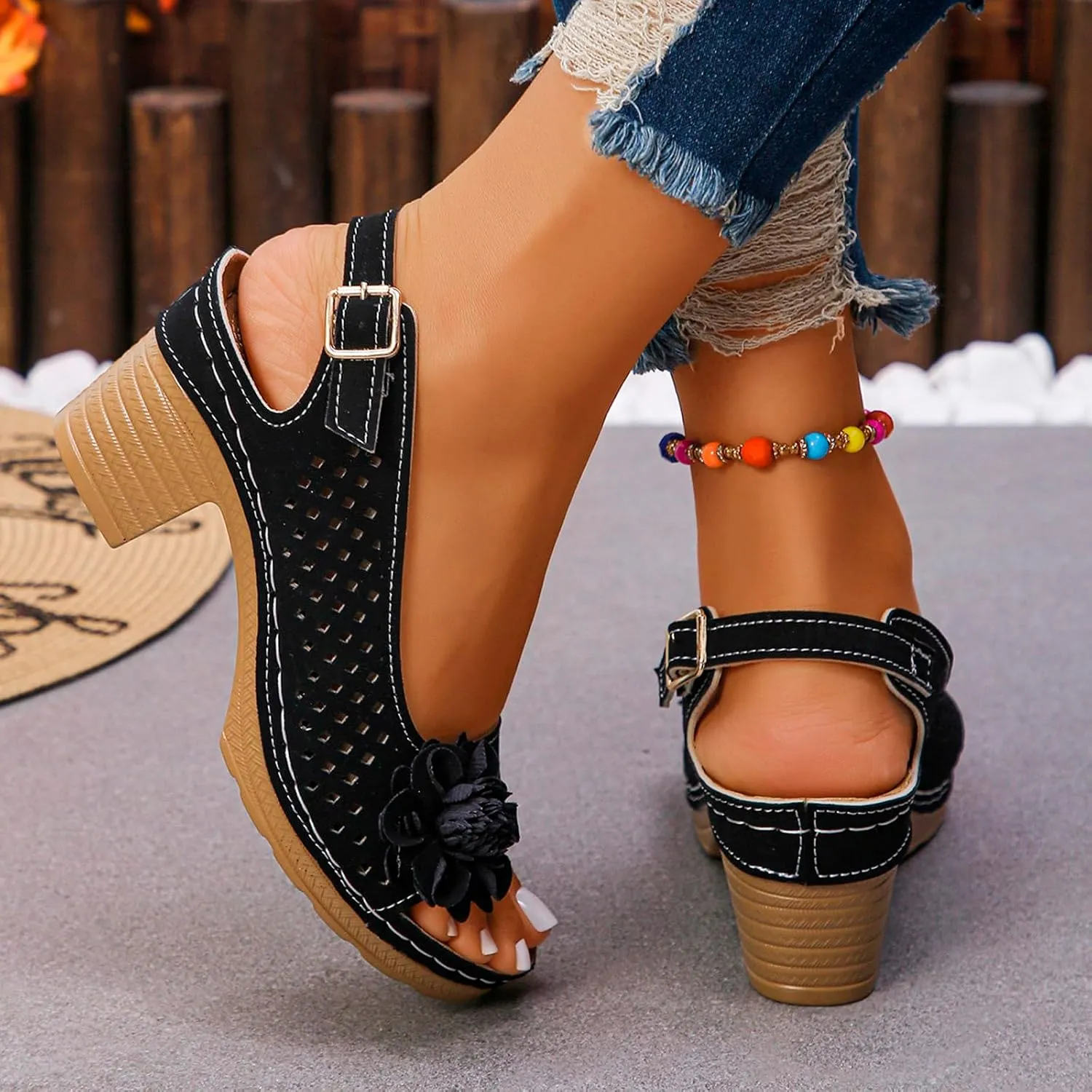 Women Comfy Casual Shoe Open Toe Hollow Flower Wedge Heel Slippers Sandals Flip Flops Women 8 Sandals