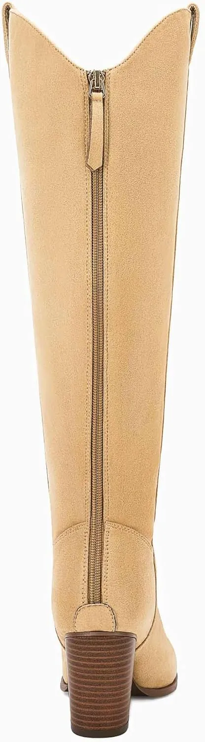 Women Cowboy Knee High Boots Chunky Block Heel Square Toe Tall Riding Boots