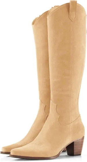 Women Cowboy Knee High Boots Chunky Block Heel Square Toe Tall Riding Boots