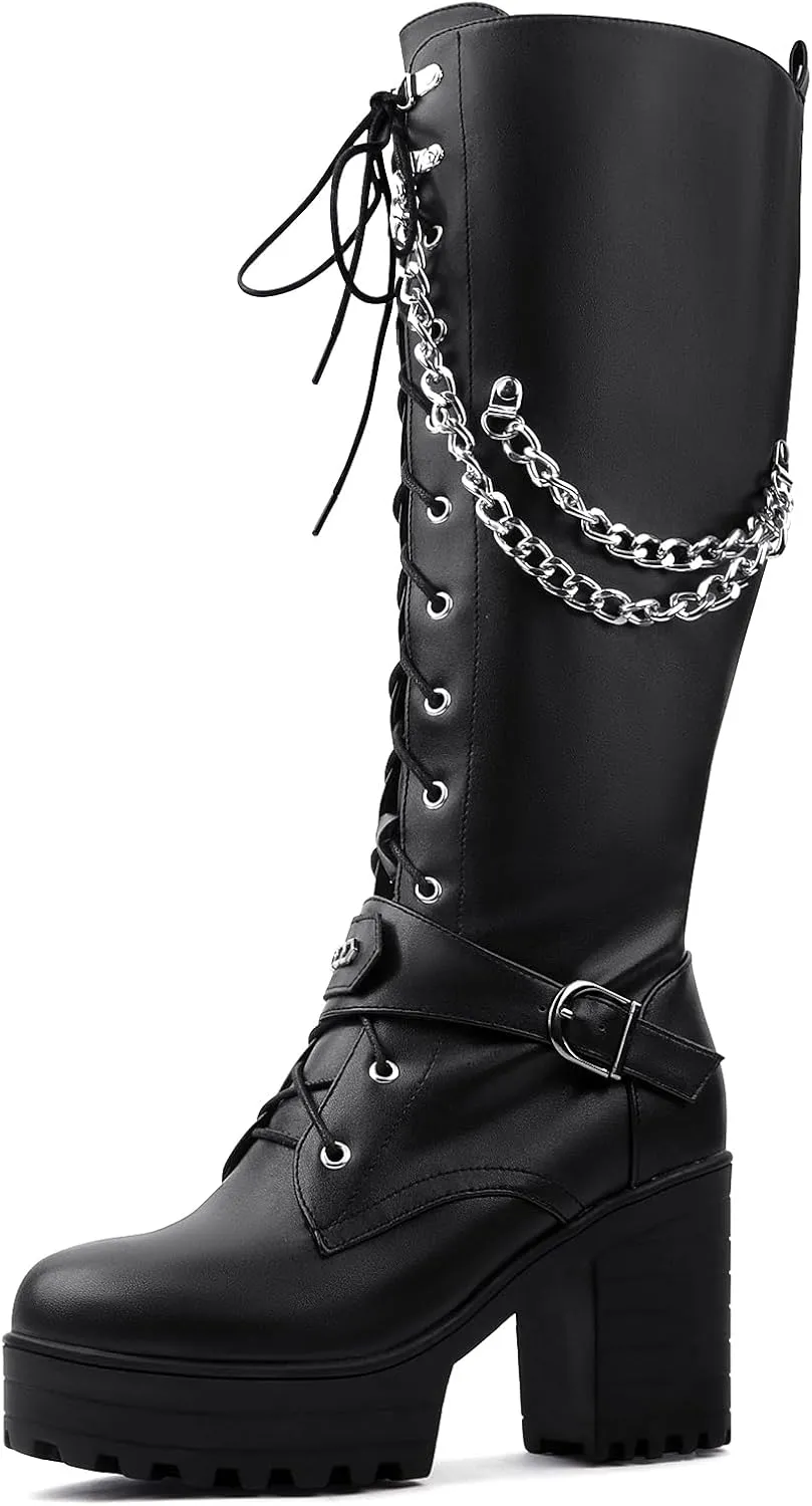 Women Fashion Platform Block Heels Knee High Boots Lace up