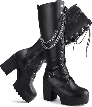 Women Fashion Platform Block Heels Knee High Boots Lace up