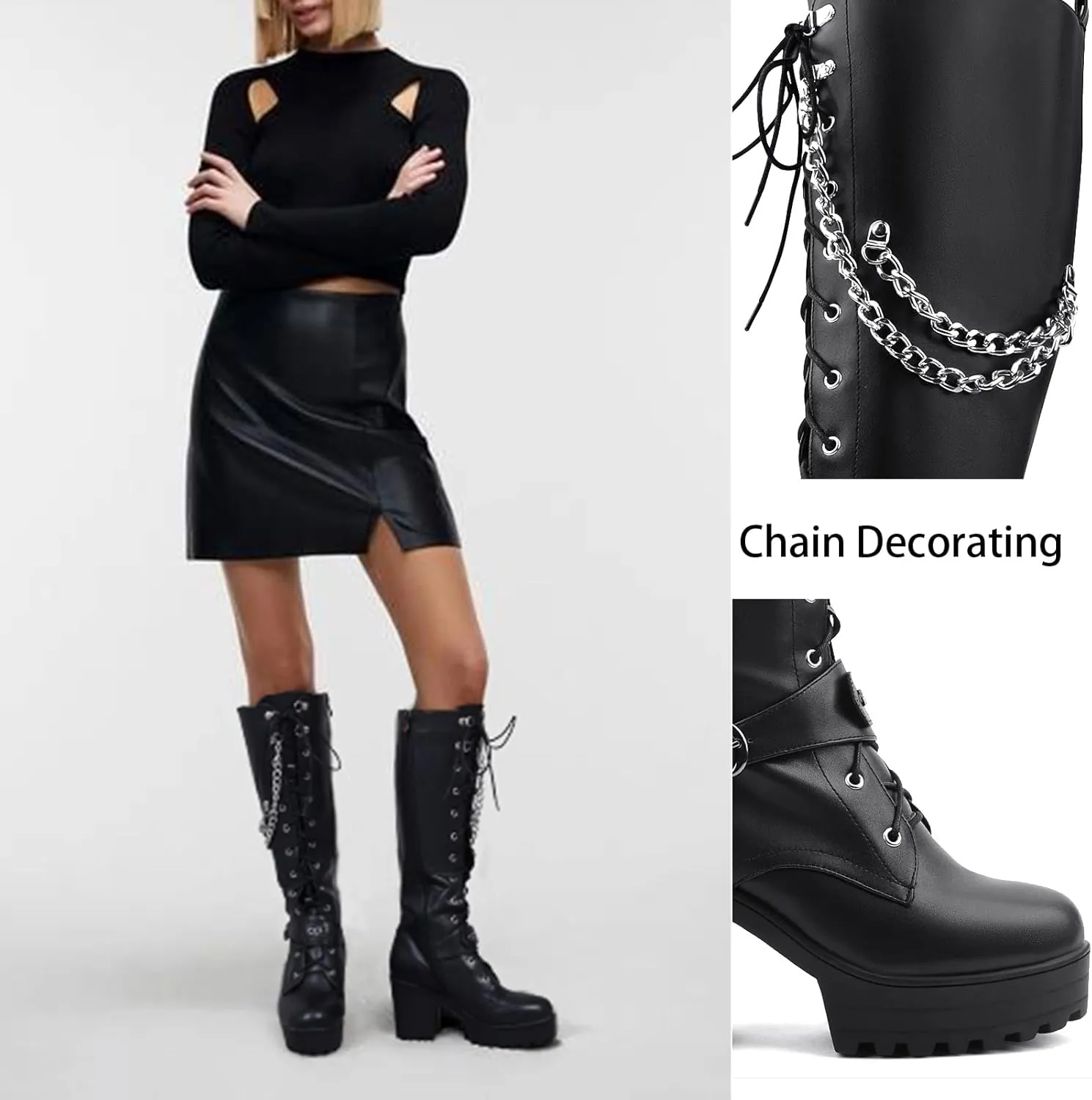 Women Fashion Platform Block Heels Knee High Boots Lace up