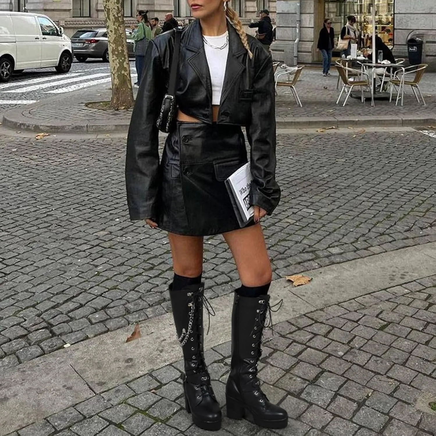 Women Fashion Platform Block Heels Knee High Boots Lace up