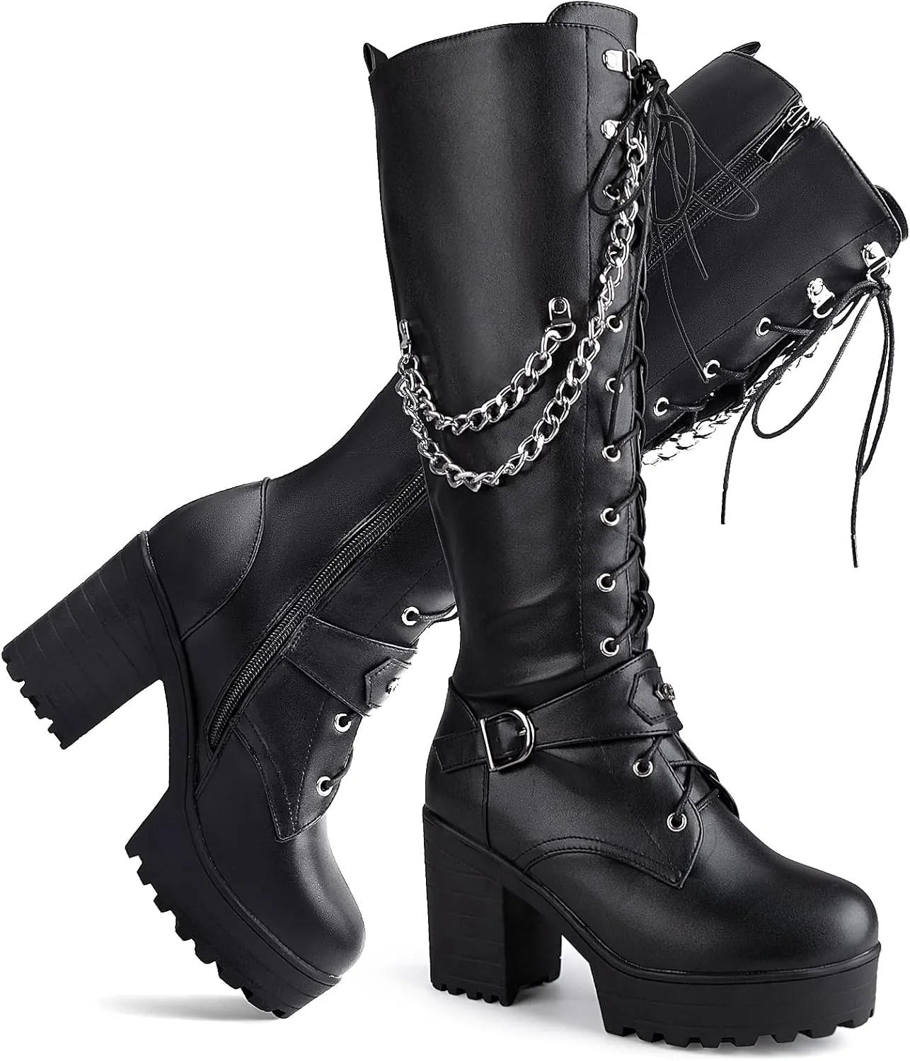 Women Fashion Platform Block Heels Knee High Boots Lace up