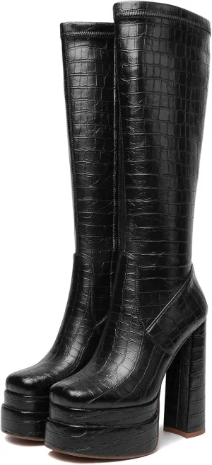 Women GOGO Boots Platform Knee High Tall Chunky High Heel Boots for Women Square Toe Side Zipper Long Shoes