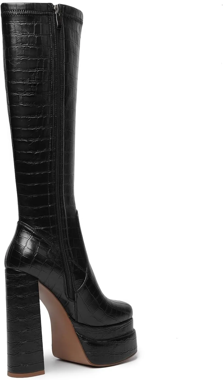 Women GOGO Boots Platform Knee High Tall Chunky High Heel Boots for Women Square Toe Side Zipper Long Shoes