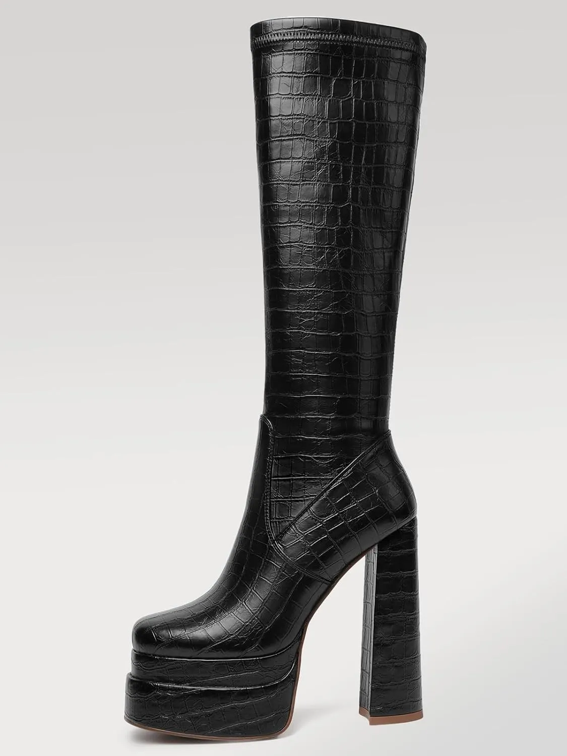 Women GOGO Boots Platform Knee High Tall Chunky High Heel Boots for Women Square Toe Side Zipper Long Shoes