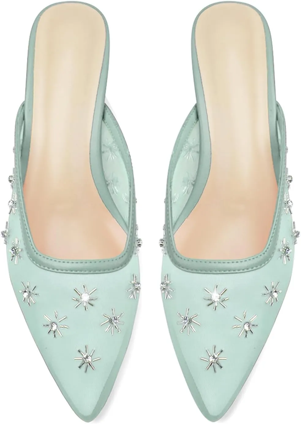 Women Kitten Heel Mules Crystal Flower Decor Mesh Pointed Toe Low Heel Pumps
