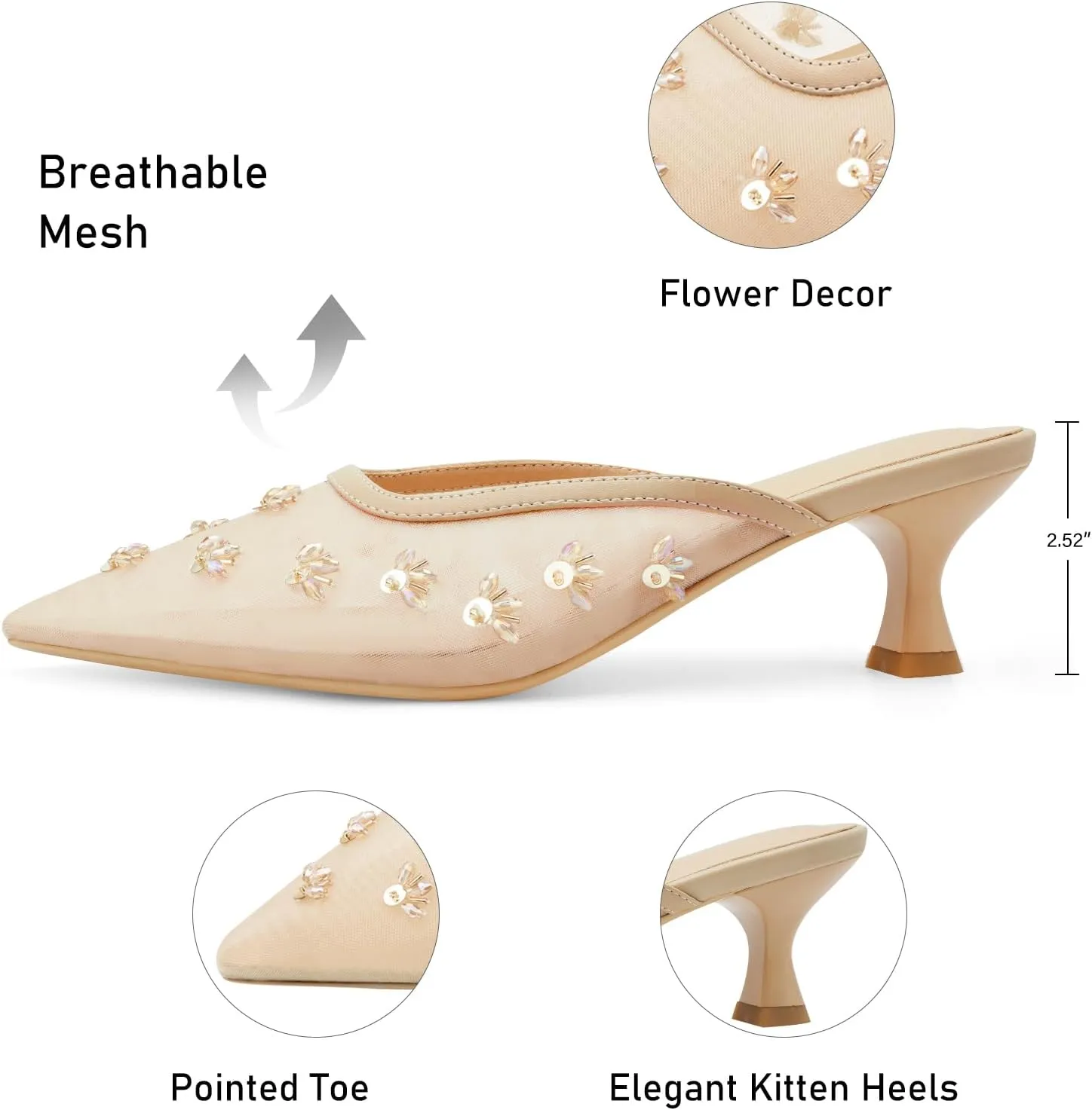 Women Kitten Heel Mules Crystal Flower Decor Mesh Pointed Toe Low Heel Pumps