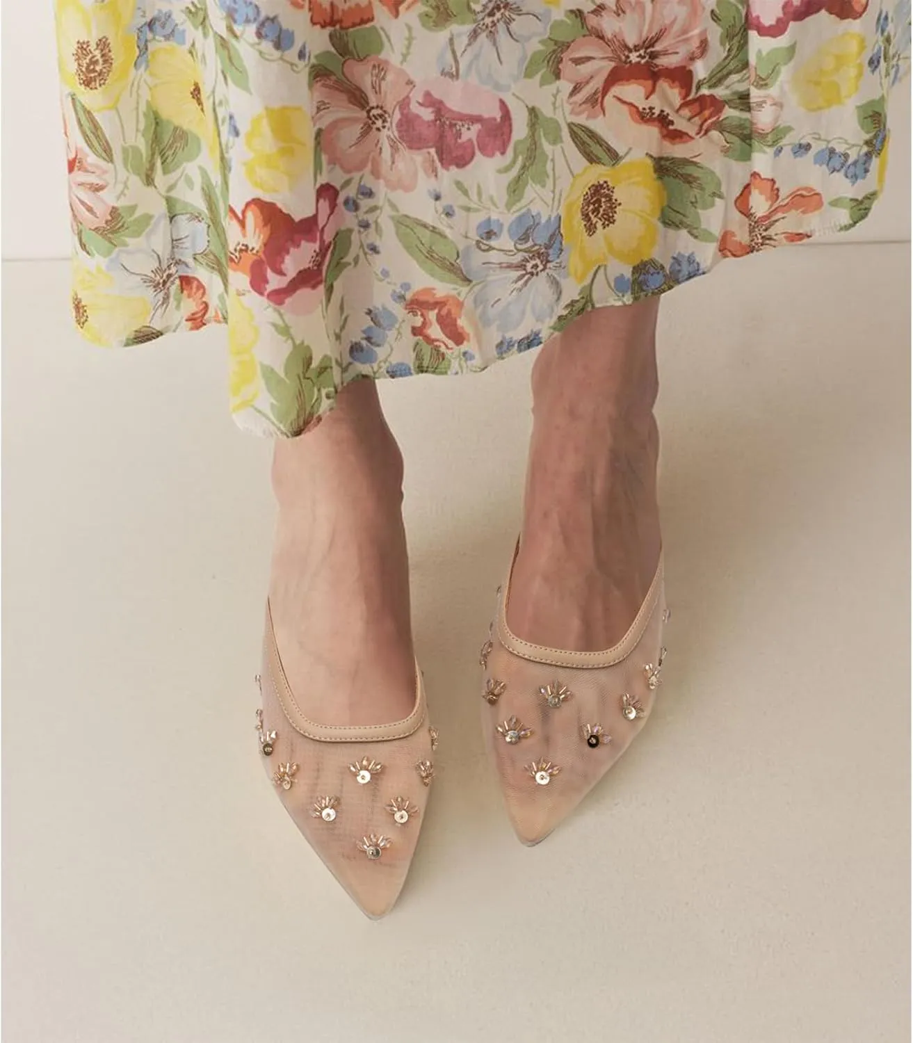 Women Kitten Heel Mules Crystal Flower Decor Mesh Pointed Toe Low Heel Pumps