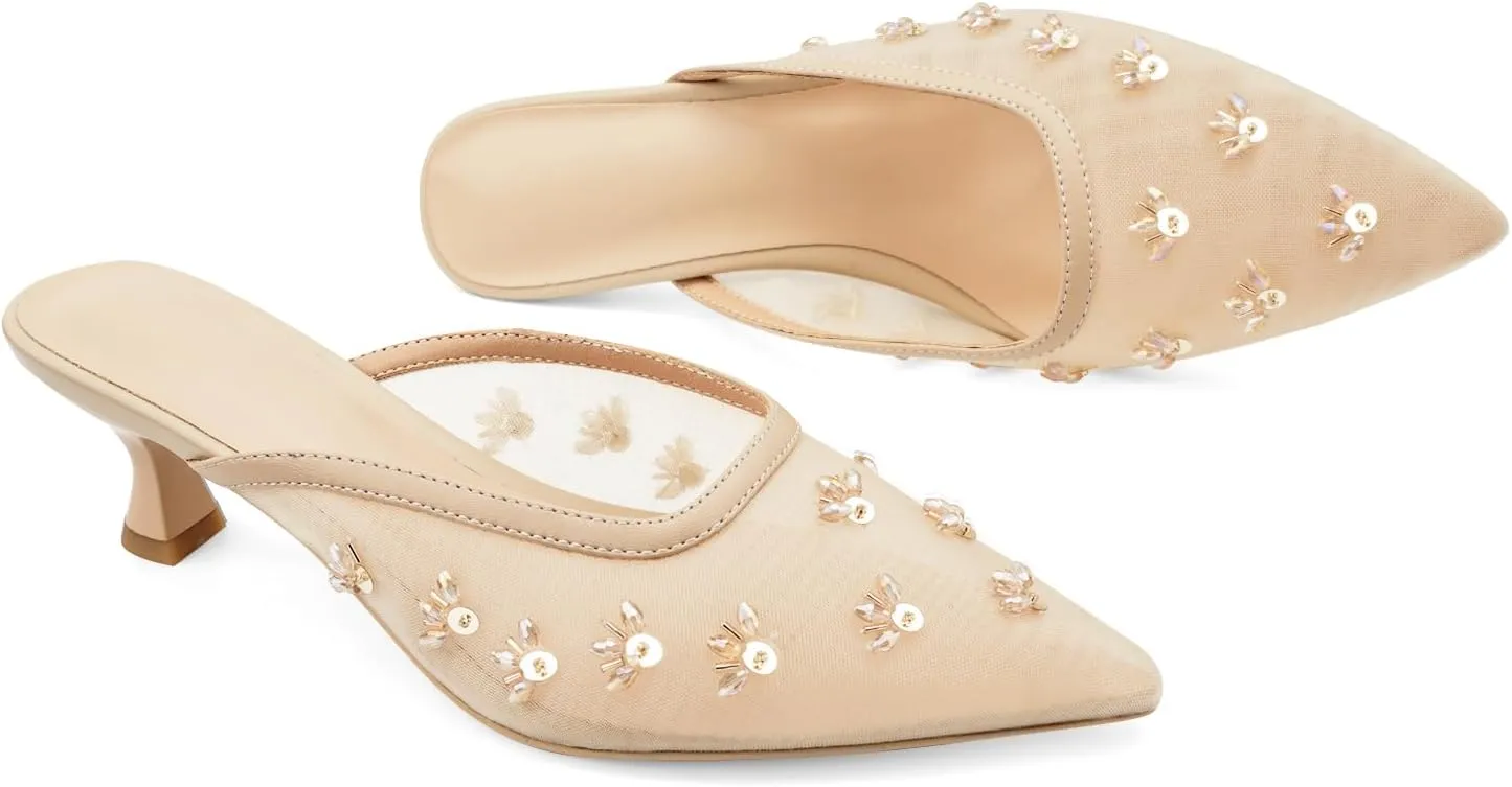 Women Kitten Heel Mules Crystal Flower Decor Mesh Pointed Toe Low Heel Pumps