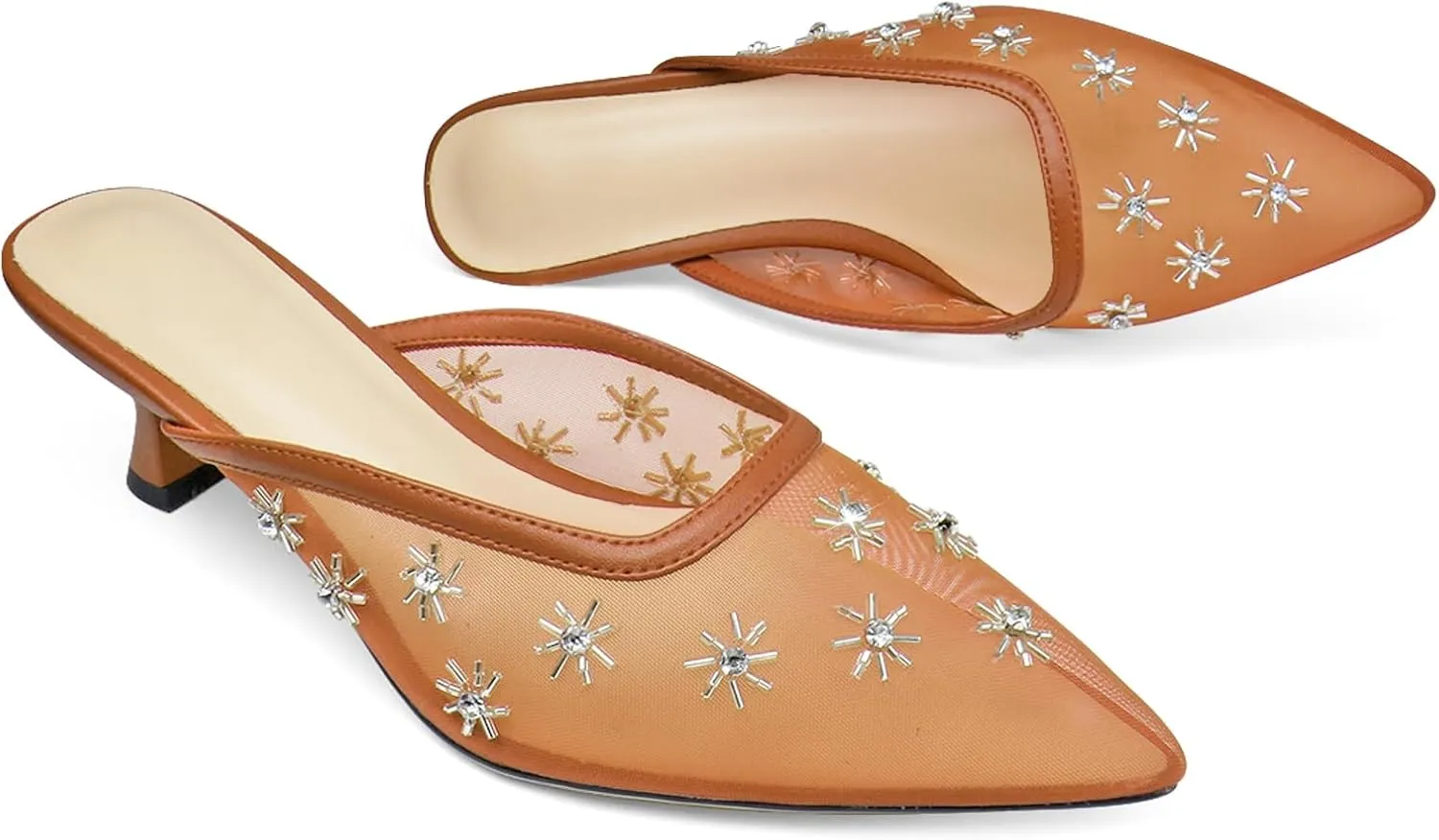 Women Kitten Heel Mules Crystal Flower Decor Mesh Pointed Toe Low Heel Pumps