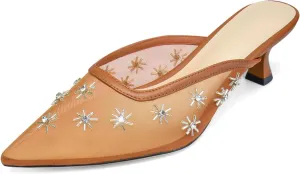 Women Kitten Heel Mules Crystal Flower Decor Mesh Pointed Toe Low Heel Pumps