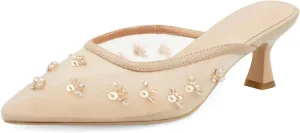 Women Kitten Heel Mules Crystal Flower Decor Mesh Pointed Toe Low Heel Pumps