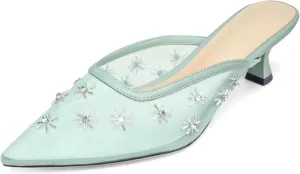 Women Kitten Heel Mules Crystal Flower Decor Mesh Pointed Toe Low Heel Pumps