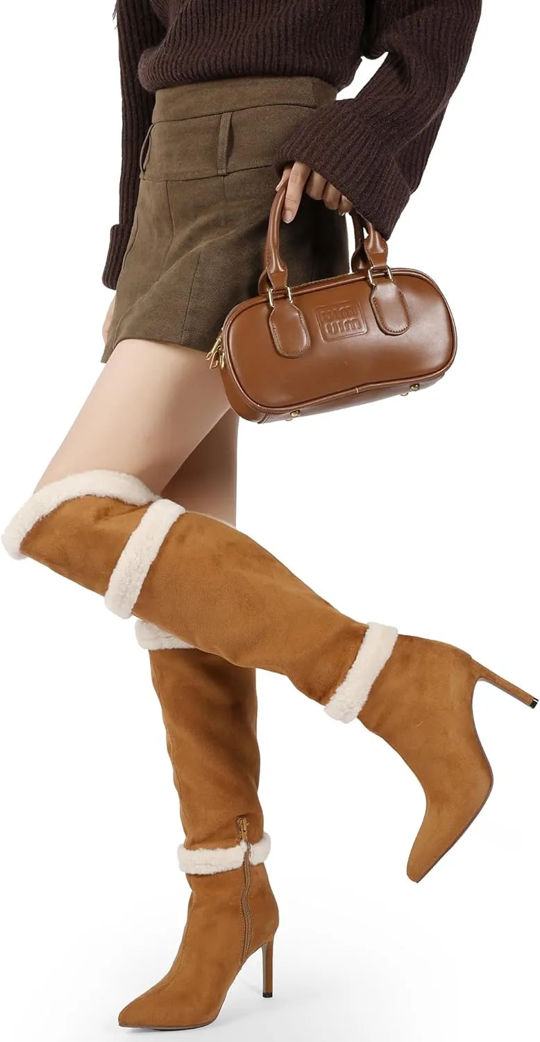 Women Knee High Boots 3 In Stiletto High Heel Pointed Toe Tall Boots Side Zipper Dress Long Boots