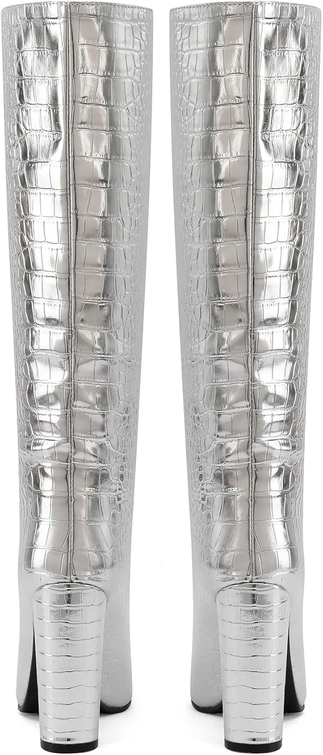 Women Knee High Boots Slim Calf 4.33" Block Heel Pointed Toe Tall Boots Pull On