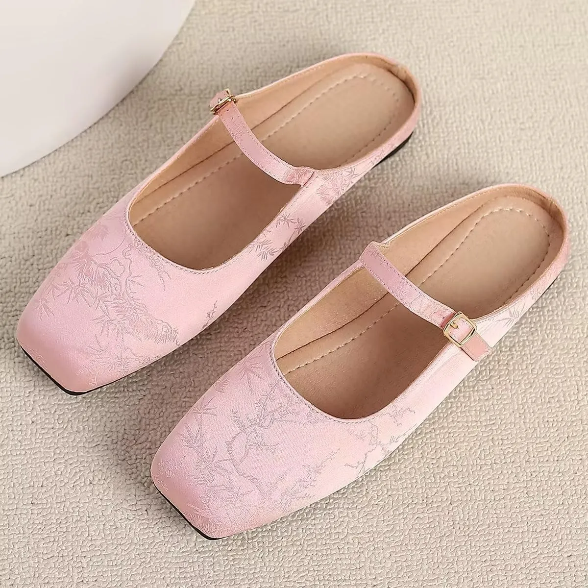 Women Mules Elegant Dressy Flats Closed Toe Microfiber Leather Shoes Adjustable Buckle Strap Mary Jane Casual Office Shoes