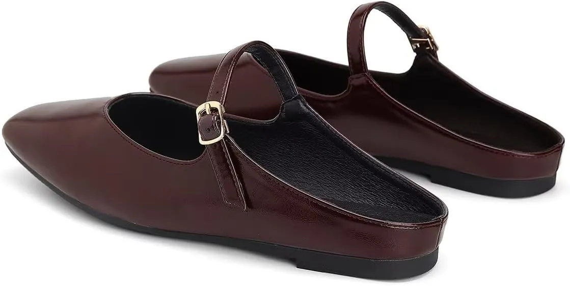 Women Mules Elegant Dressy Flats Closed Toe Microfiber Leather Shoes Adjustable Buckle Strap Mary Jane Casual Office Shoes