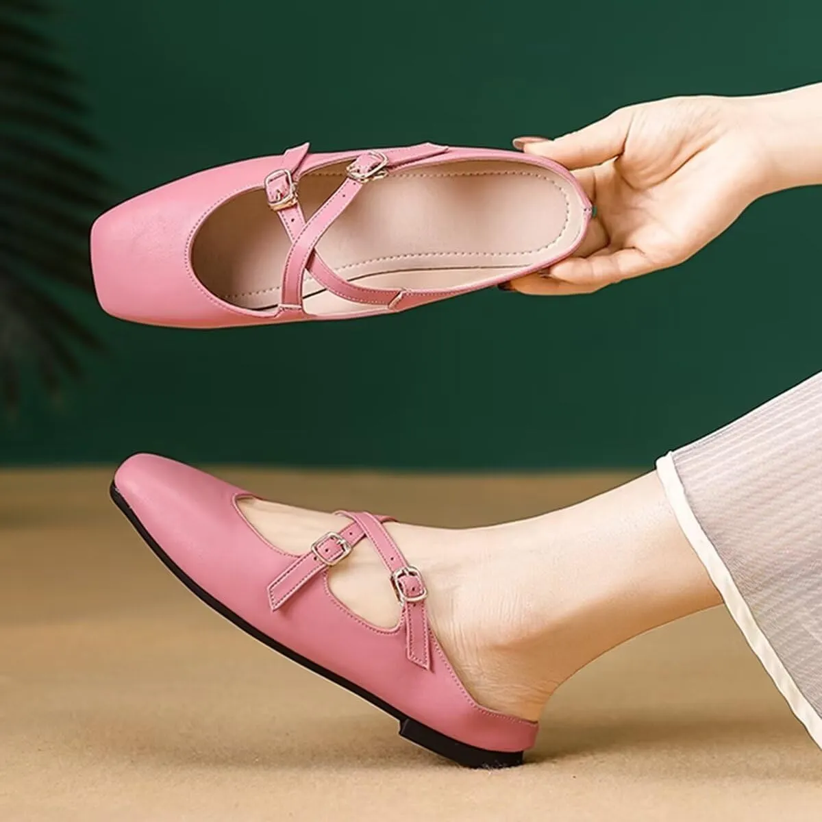Women Mules Elegant Dressy Flats Closed Toe Microfiber Leather Shoes Adjustable Buckle Strap Mary Jane Casual Office Shoes