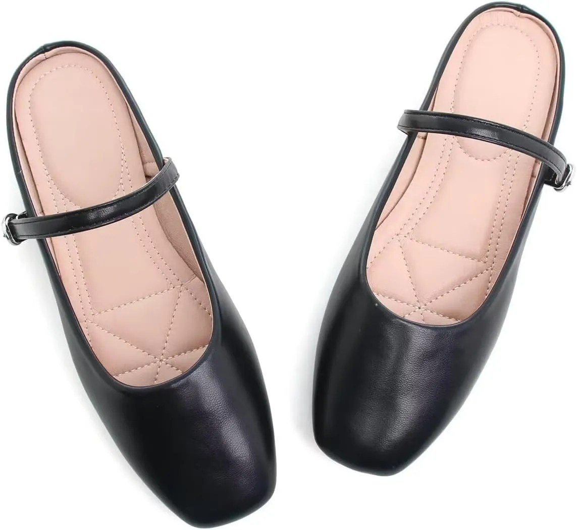 Women Mules Elegant Dressy Flats Closed Toe Microfiber Leather Shoes Adjustable Buckle Strap Mary Jane Casual Office Shoes