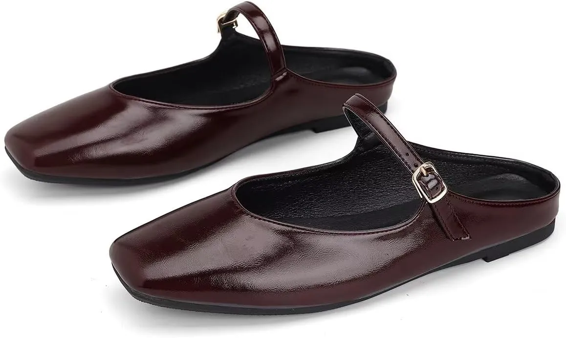 Women Mules Elegant Dressy Flats Closed Toe Microfiber Leather Shoes Adjustable Buckle Strap Mary Jane Casual Office Shoes