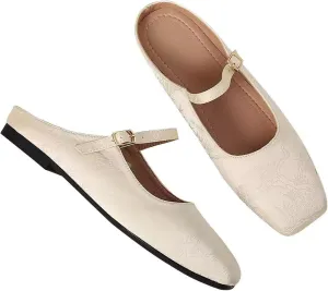 Women Mules Elegant Dressy Flats Closed Toe Microfiber Leather Shoes Adjustable Buckle Strap Mary Jane Casual Office Shoes