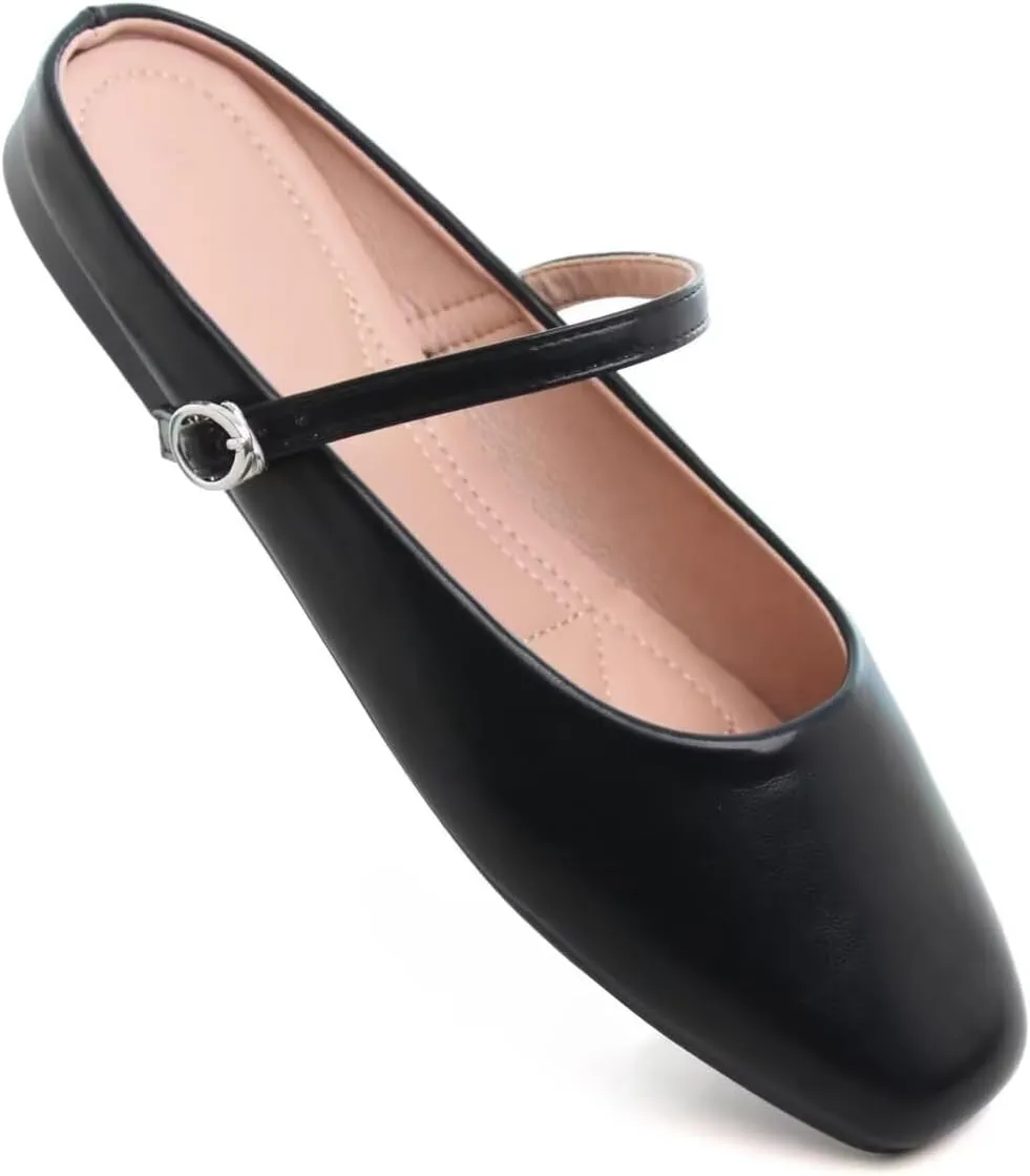 Women Mules Elegant Dressy Flats Closed Toe Microfiber Leather Shoes Adjustable Buckle Strap Mary Jane Casual Office Shoes