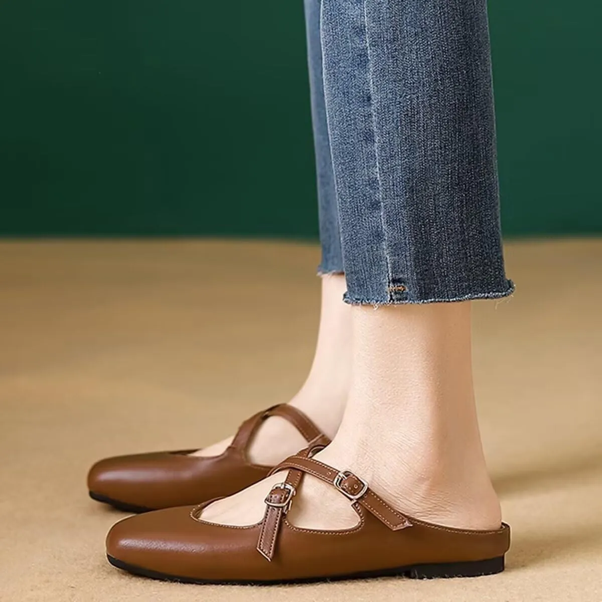Women Mules Elegant Dressy Flats Closed Toe Microfiber Leather Shoes Adjustable Buckle Strap Mary Jane Casual Office Shoes