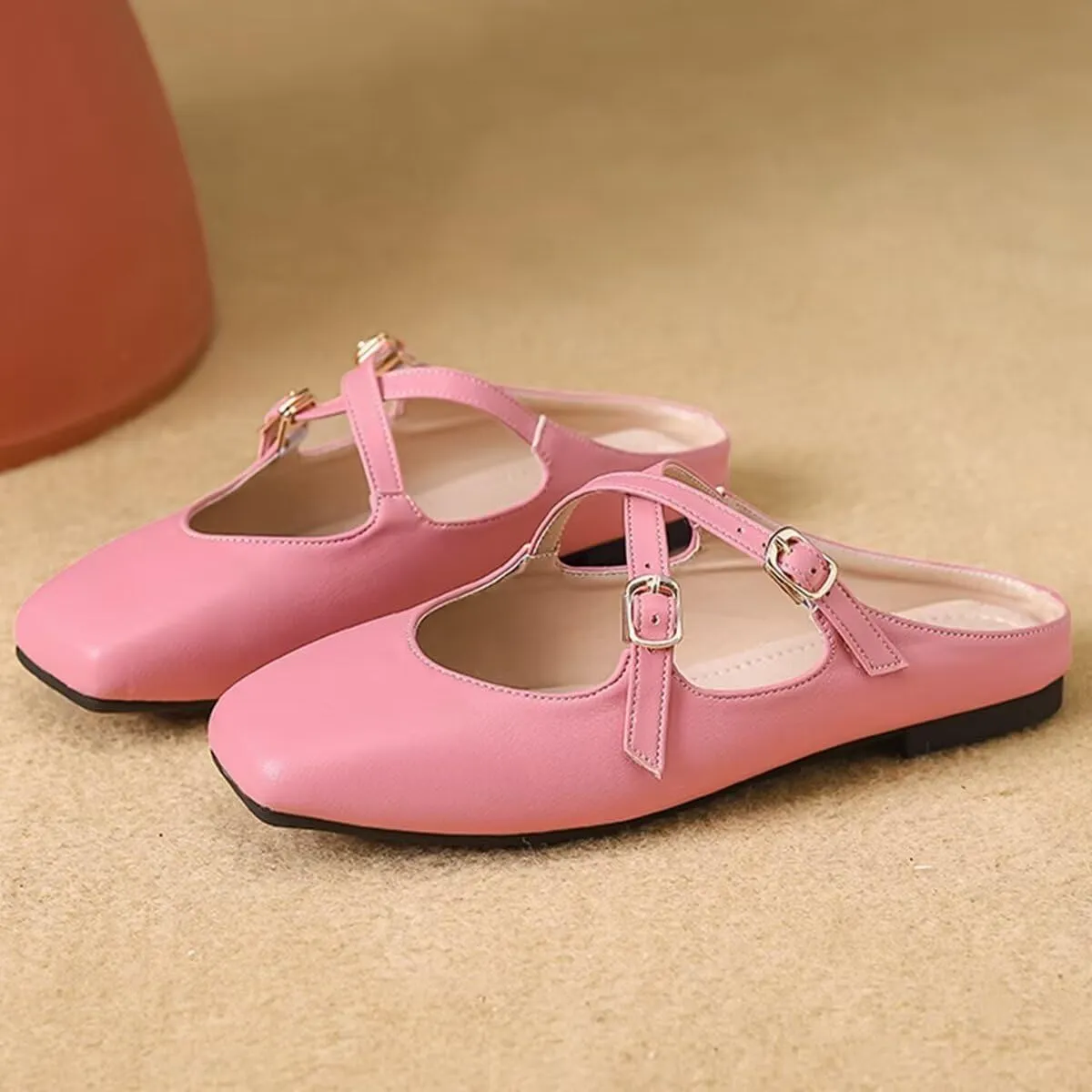 Women Mules Elegant Dressy Flats Closed Toe Microfiber Leather Shoes Adjustable Buckle Strap Mary Jane Casual Office Shoes