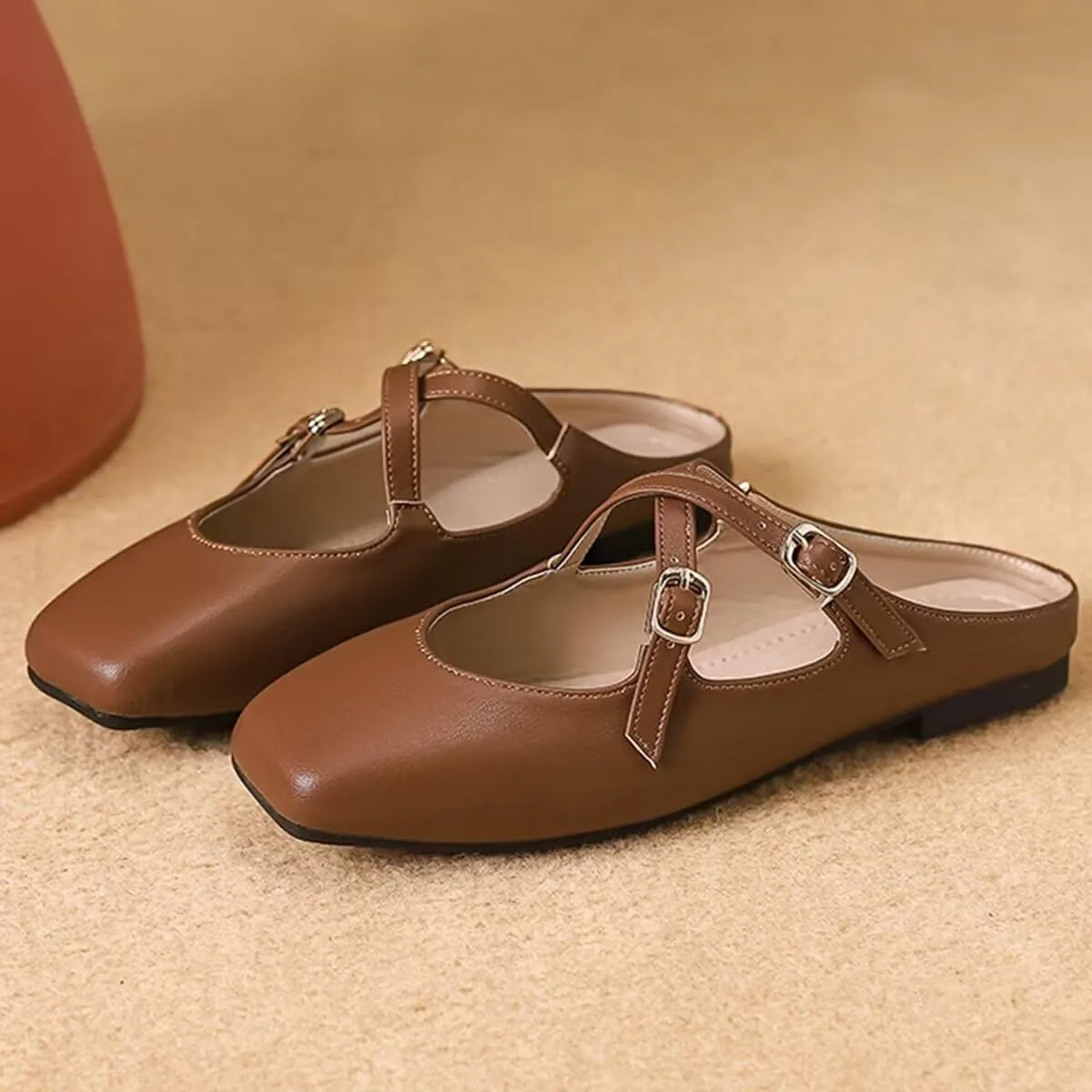 Women Mules Elegant Dressy Flats Closed Toe Microfiber Leather Shoes Adjustable Buckle Strap Mary Jane Casual Office Shoes
