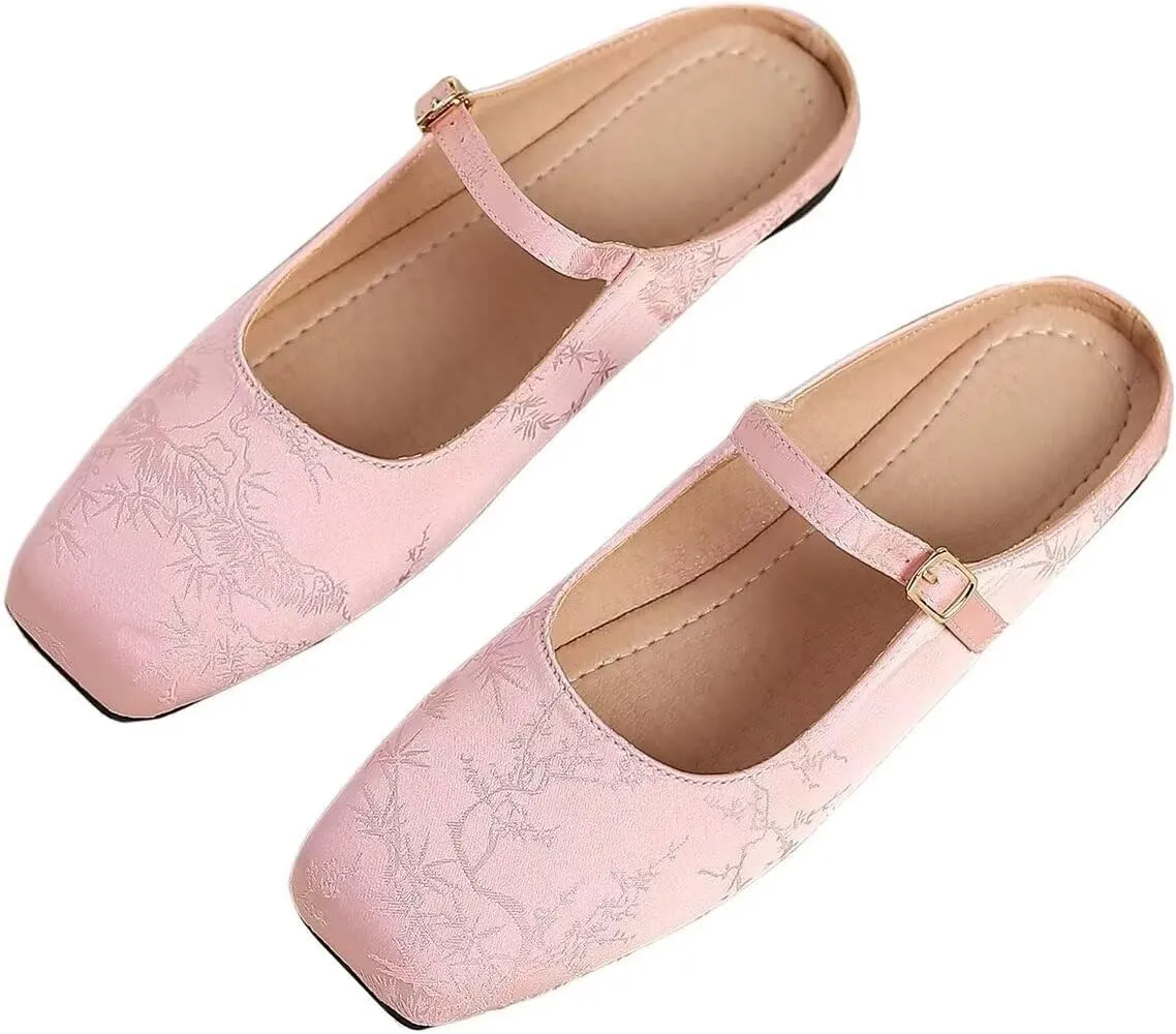 Women Mules Elegant Dressy Flats Closed Toe Microfiber Leather Shoes Adjustable Buckle Strap Mary Jane Casual Office Shoes