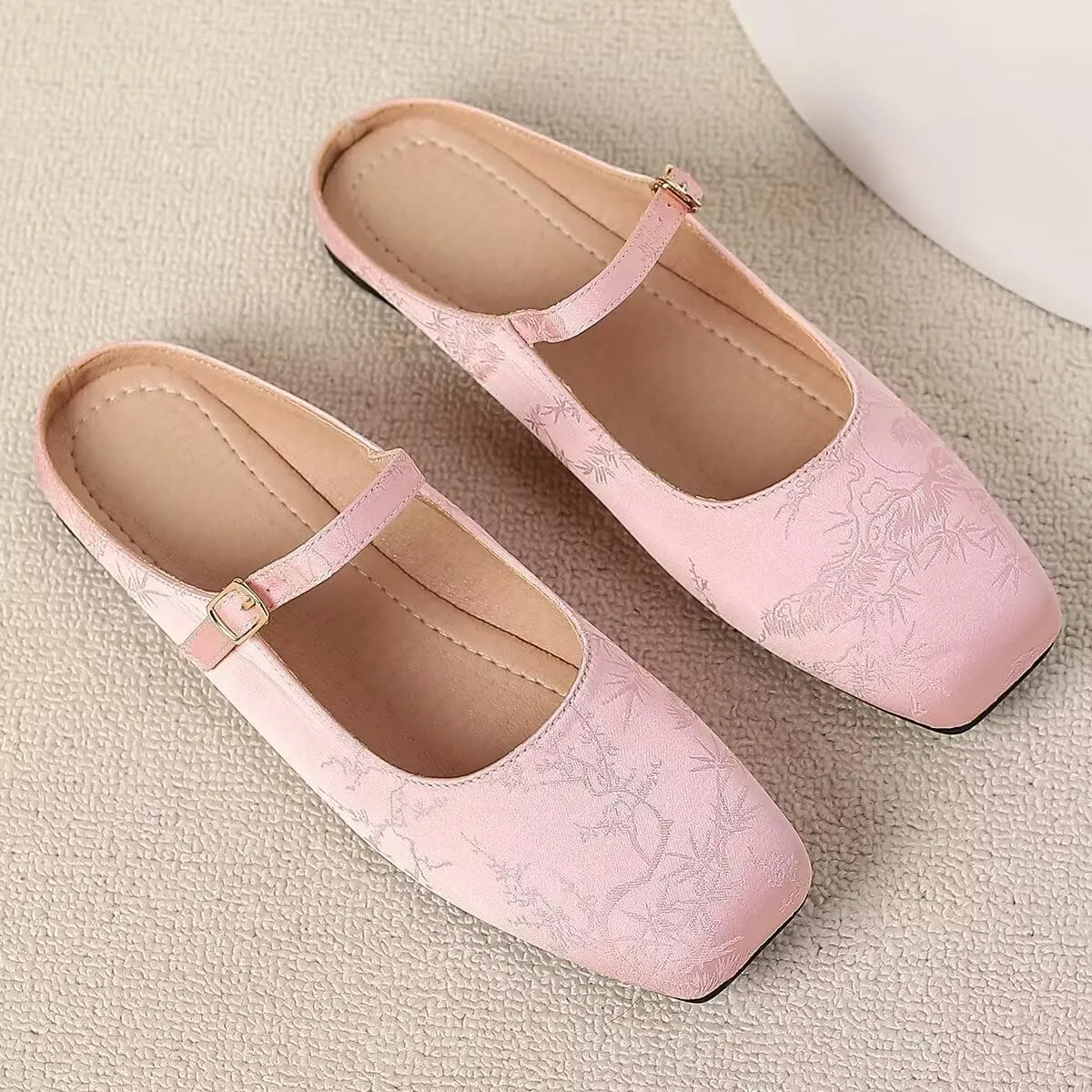 Women Mules Elegant Dressy Flats Closed Toe Microfiber Leather Shoes Adjustable Buckle Strap Mary Jane Casual Office Shoes